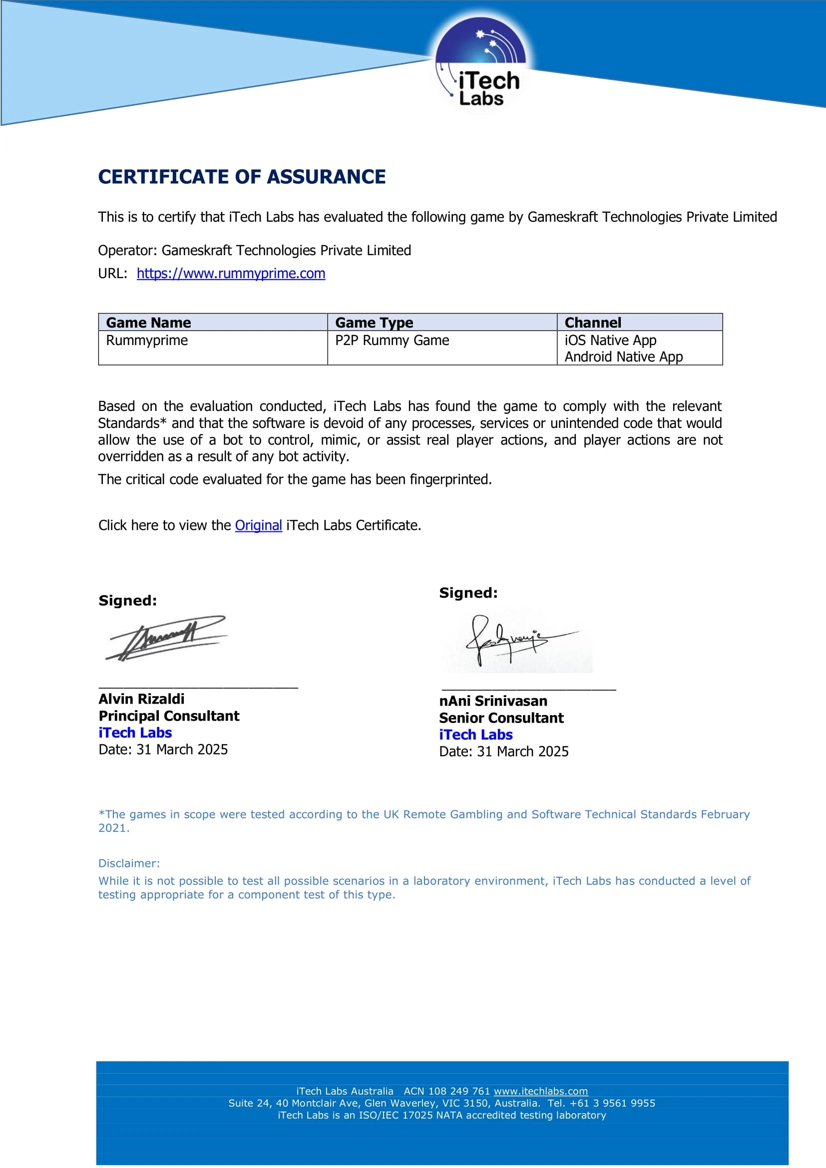 Rummyprime No Bot Certificate